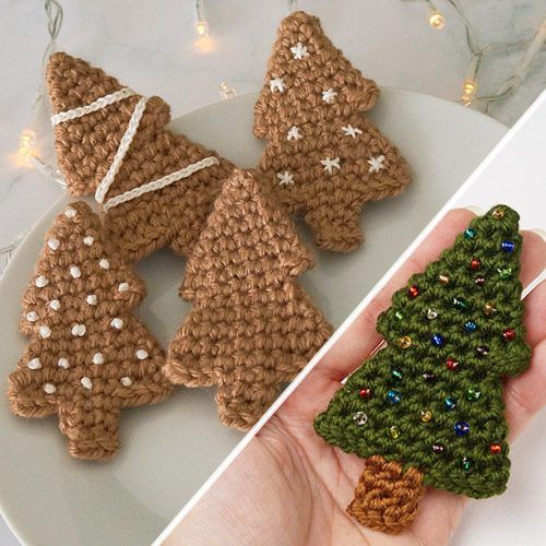 Gingerbread Tree and Christmas Tree Ornaments free crochet pattern by June Gilbank