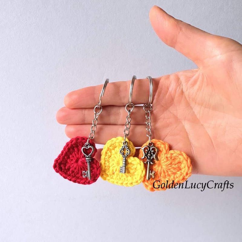 Crochet Heart Keychain free crochet pattern by GoldenLucyCrafts
