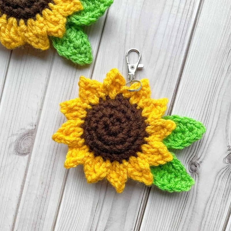 Crochet Sunflower Keychain free crochet pattern by Kimberly Arenas